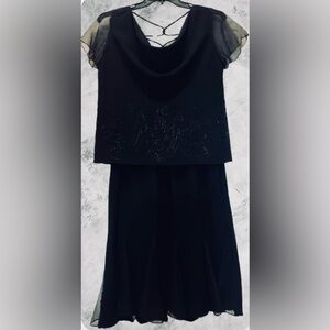 Elegant Black Beaded Special Occasion 2 Piece Dress with Sheer Sleeves